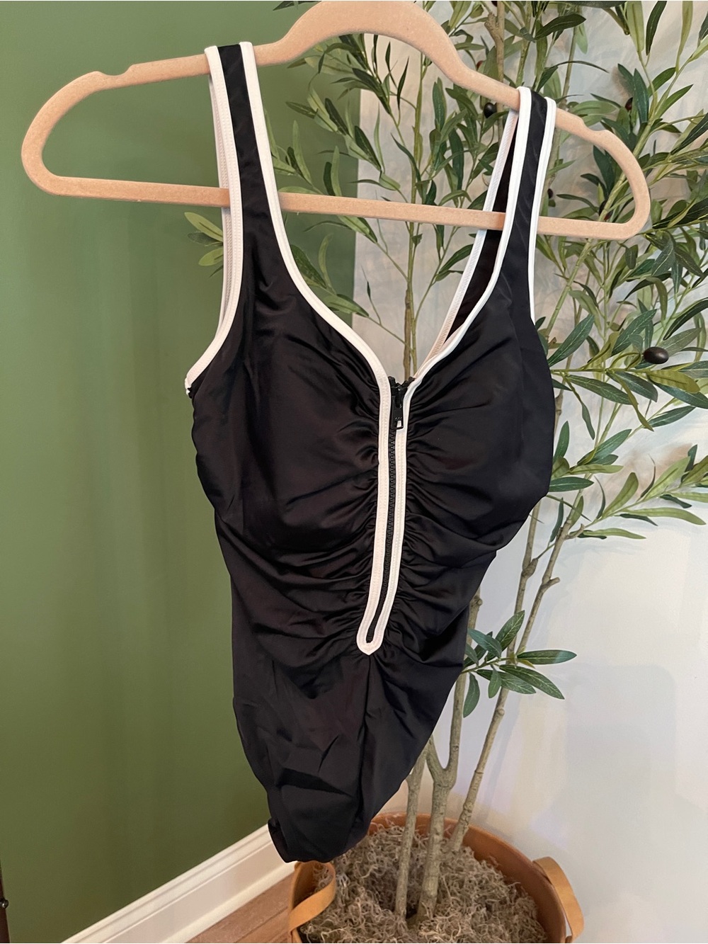 Reebok Black One-Piece Swimsuit with White Trim and Front Zip